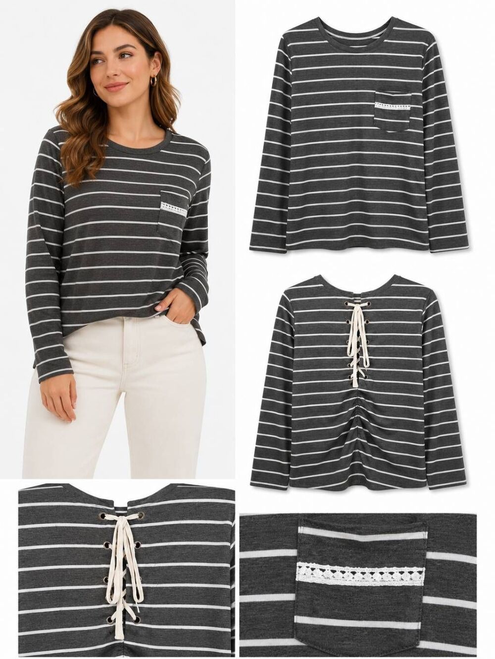 Umgee Gray White Stripe Lace-Up Back Long Sleeve Top L